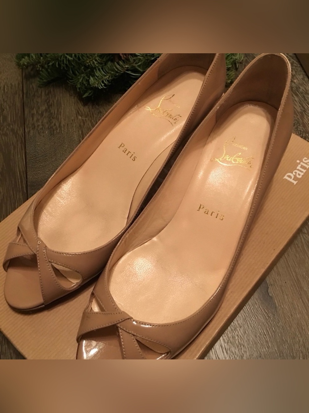 Christian Louboutin Nude Patent Leather Peep-Toe Heels 3.75 heel
